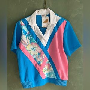 XS vintage retro pink and blue blouse